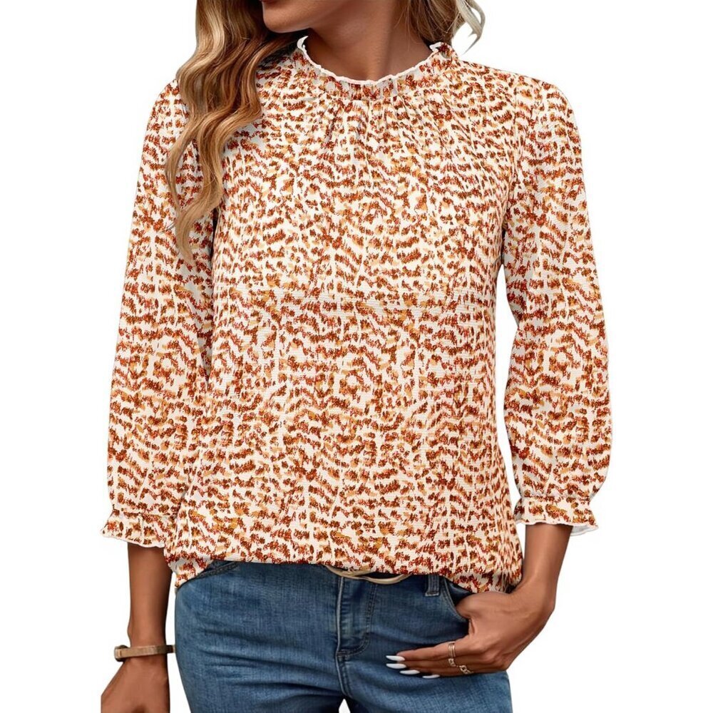 Women's Blouses Polyester X-large Ruffle Neck Puff Sleeve Casual Work Top